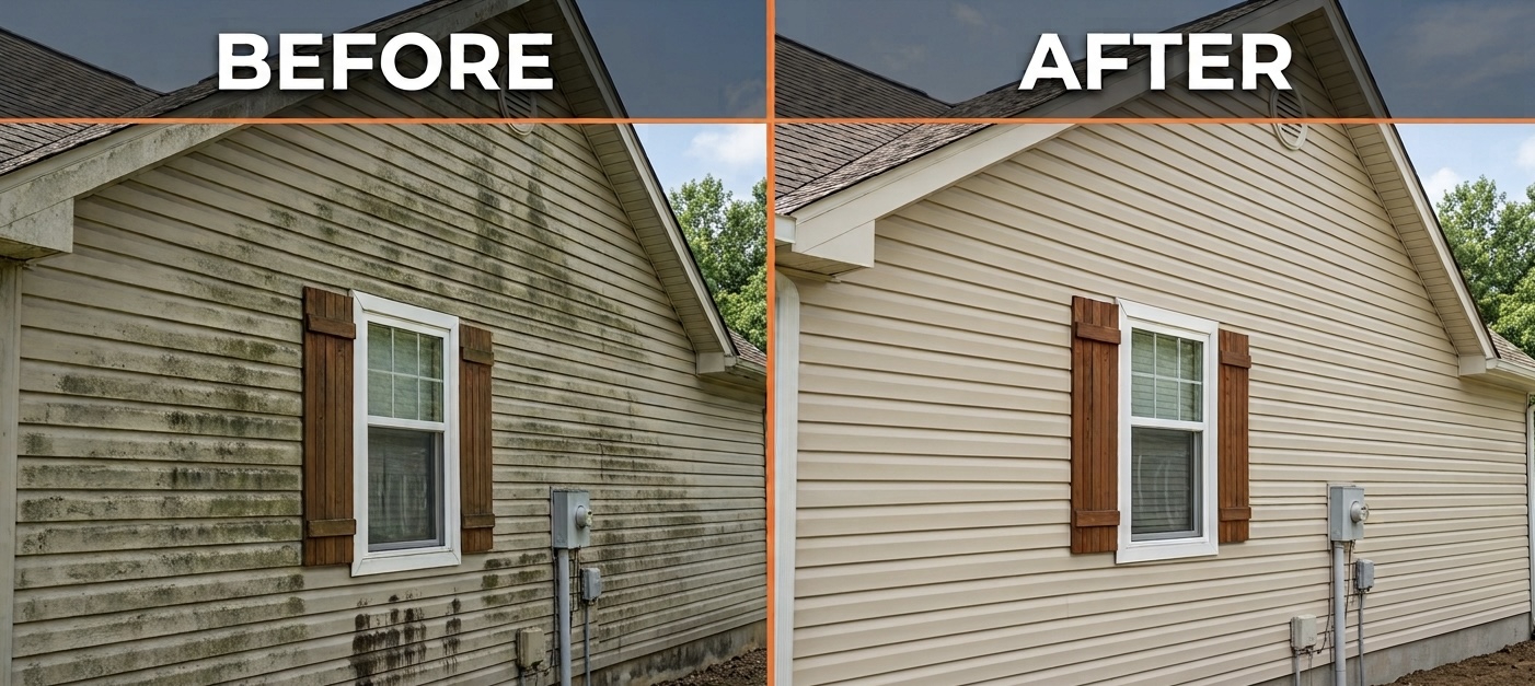 House siding before and after soft wash — mold and mildew removed