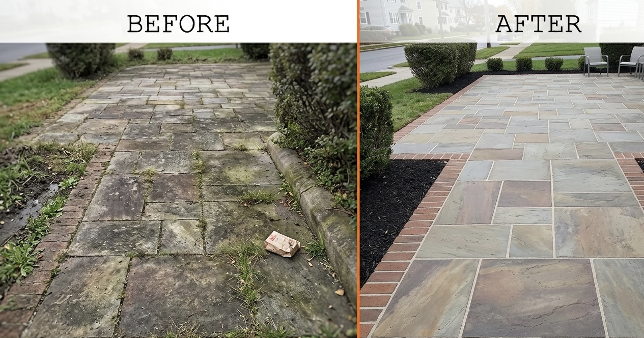 Stone paver walkway before and after pressure washing