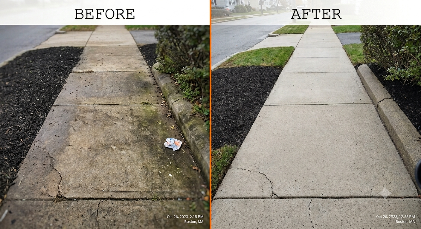 Concrete sidewalk before and after pressure washing — Boston, MA